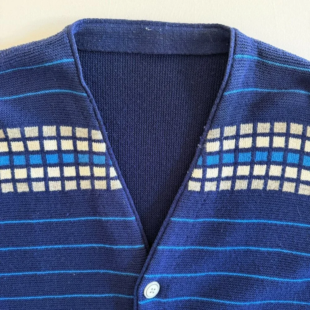 VINTAGE 70s Indie Grunge Grandpa Blue Stripe Cardigan Sweater M/L